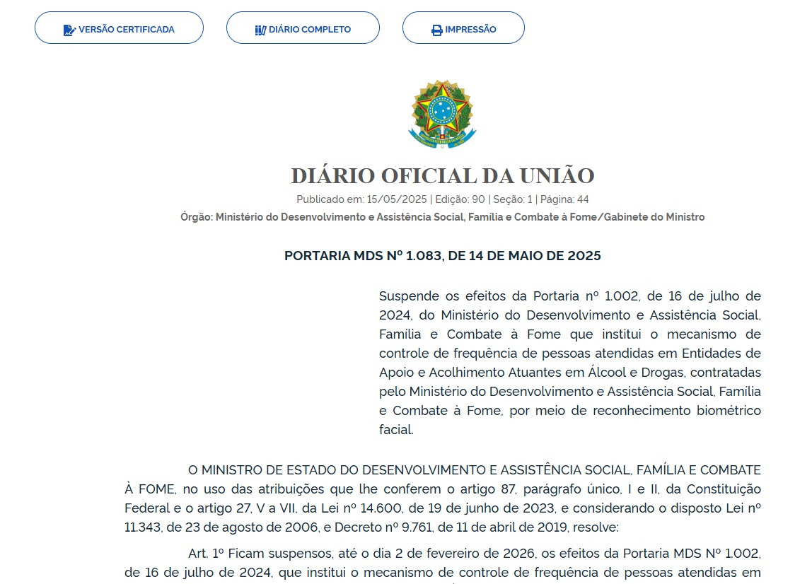 MDS Suspende Reconhecimento Facial em Entidades de Apoio a Dependentes Químicos até 2026